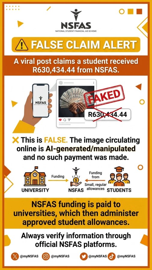 NSFAS says viral student payment post for over 600k is fake